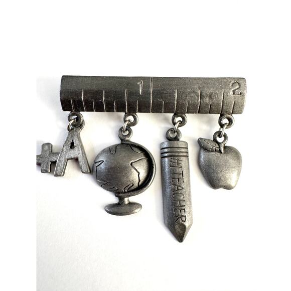 Antique Charms Ruler Pin, Brooch, A, Apple, Globe, Pencil, Teachers, Metal - Picture 1 of 3